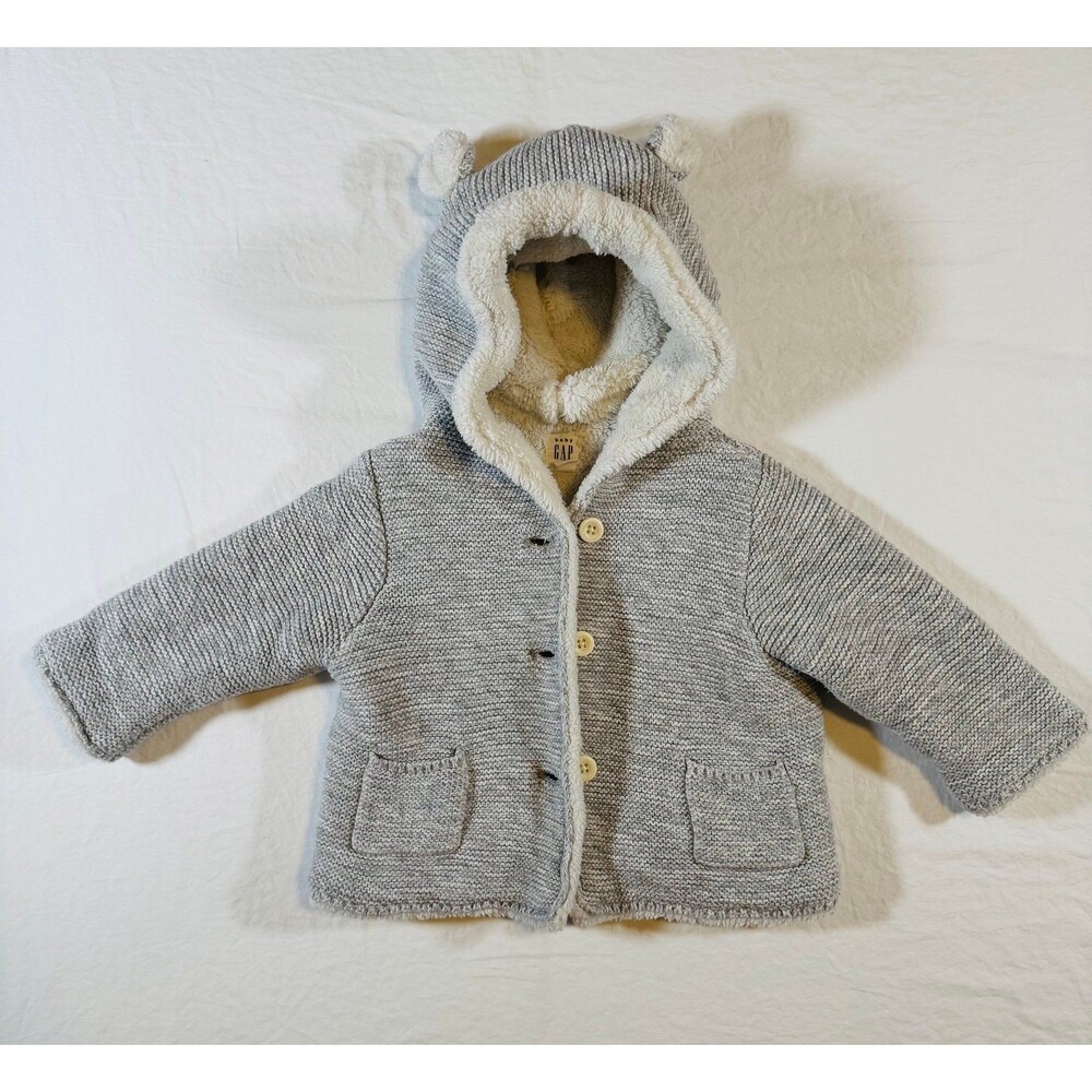 Baby Gap Grey Ribbed, Sherpa lined, Jacket /hoodie with Bear Ears, Size 6-12 M